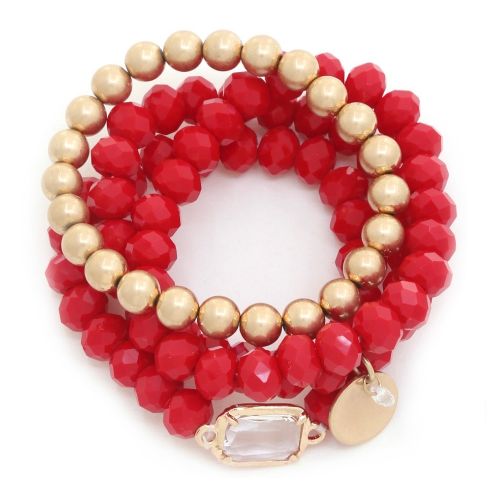 RED & GOLD METAL DISC BALL BEAD BRACELET SET